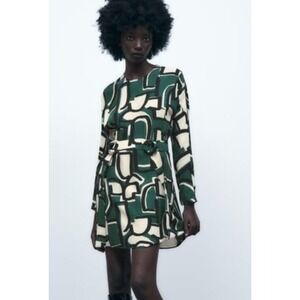 Zara Dress Womens Medium Green Geometric Print Retro Belted Mini